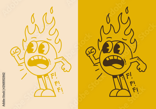 Fiery Cartoon Flame Character With Bold Retro Outline Style