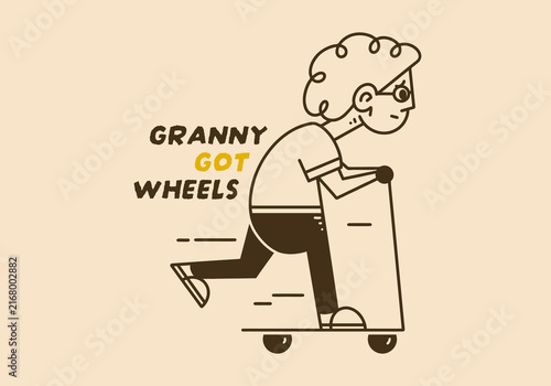 Funny Granny Riding Mobility Walker With Retro Wheelchair Humor