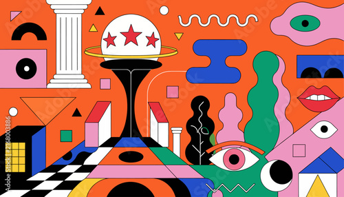 Surreal Abstract Geometric Collage with Stars, Eyes, and Mouths - Vibrant Colors