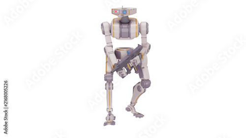Canvastavla 3d rendering robot with gun stands in a futuristic setting