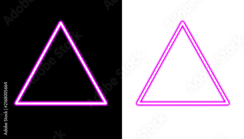 Glowing pink neon triangles displayed against contrasting black and transparent backgrounds