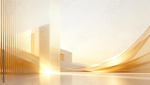 Luxury minimalist abstract modern interior with flowing golden silk fabric and vertical ribbed glass with warm sunlight shows elegant premium contemporary architectural design