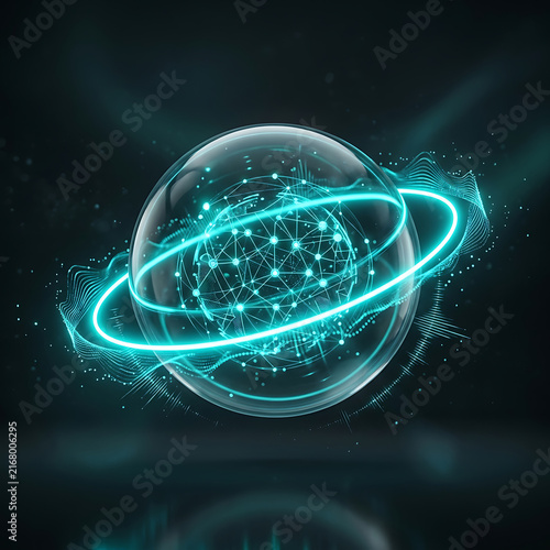 Glowing digital sphere with interconnected nodes during a futuristic network visualization with neon light