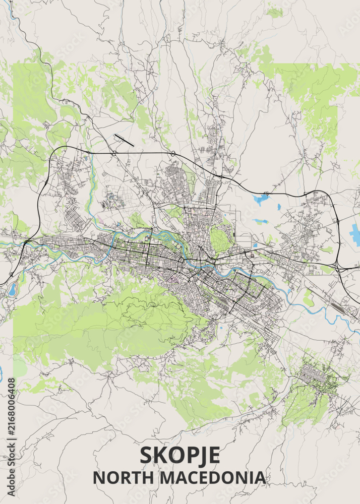 Naklejka premium Detailed road map of Skopje in North Macedonia showcasing central urban streets, the Vardar river, surrounding mountain terrain, green parks, and highway bypasses.