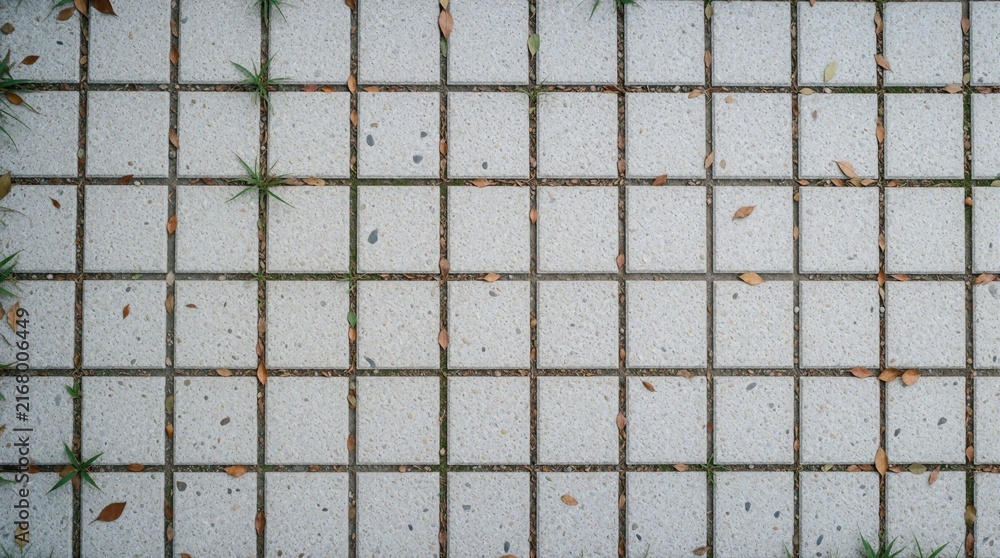 Obraz premium Top view of light gray stone tiles. Square paving pattern covers ground with small brown leaves, green grass growing between cracks. Neutral urban texture shows outdoor floor surface with natural