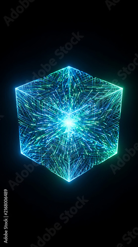 Glowing geometric cube with energy particles radiating outward during digital data visualization