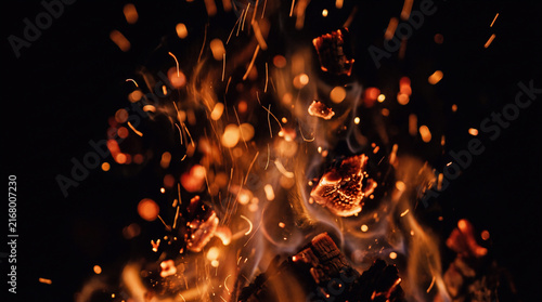glowing campfire sparks, flying embers, and suspended incandescent particles isolated against a pure deep black background