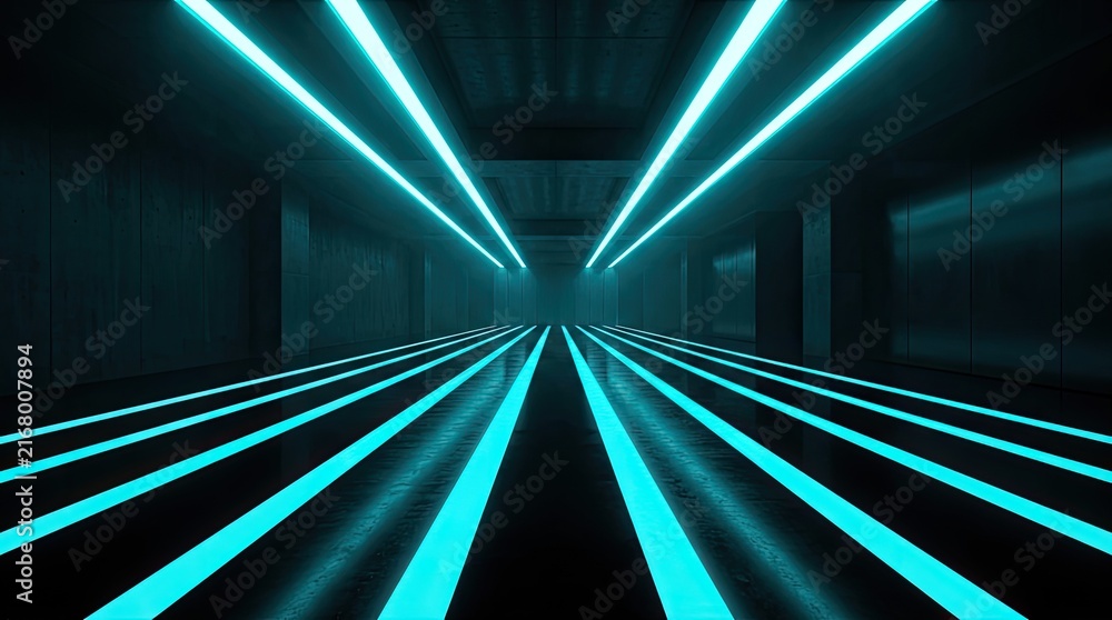 Obraz premium Futuristic dark tunnel with glowing cyan neon light stripes and perspective lines