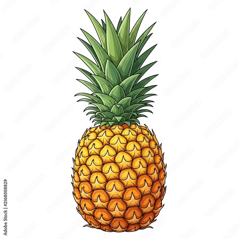 Fototapeta premium Vector illustration of fresh whole pineapple with green crown leaves isolated on white background
