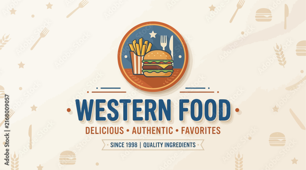 Obraz premium Circular vintage emblem graphic depicting a classic beef hamburger and salty french fries with utensils on an off-white background illustration