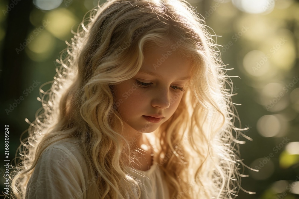 Obraz premium Young girl with long blonde wavy hair gazes downward thoughtfully. Soft natural light illuminates her face, creating a peaceful, pensive mood in a green outdoor setting.