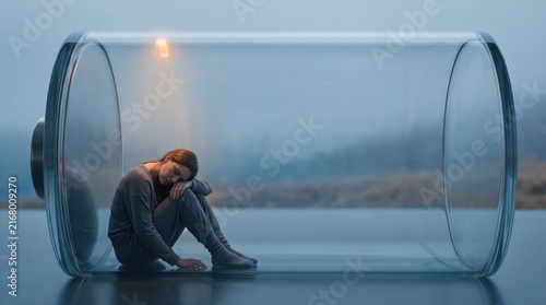 Tired and exhausted woman sitting inside a large glass battery symbol with low energy indicator for burnout and fatigue concept.