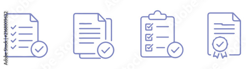 Checklist clipboard icon set. Task completed, to-do list or survey symbol in different styles.
