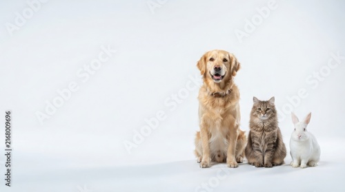 Golden Retriever Dog Tabby Cat and White Rabbit Sitting Together Side by Side Isolated on a Bright White Background for Friendly Pet Portraiture