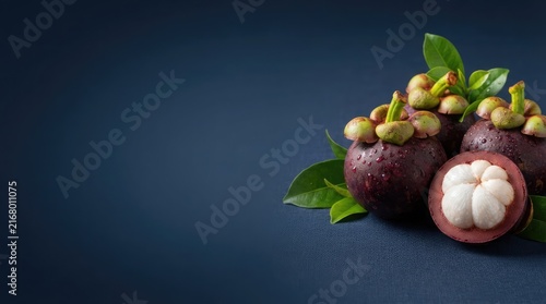 Tropical Purple Mangosteen Fruit Composition Featuring Fresh Peeled White Segments and Lush Green Leaves Isolated on a Dark Background Backdrop