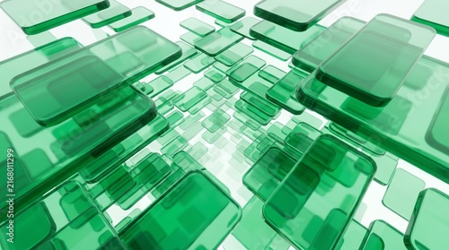 Abstract background of floating emerald green glass rectangles with depth of field effect.