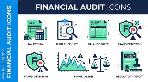 Financial Audit and Accounting Vector Icon Set for Business Compliance and Risk Analysis