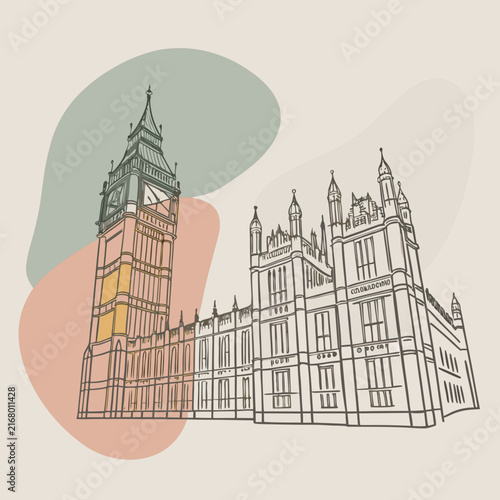 Clock tower stands as a historical landmark against a soft abstract background.