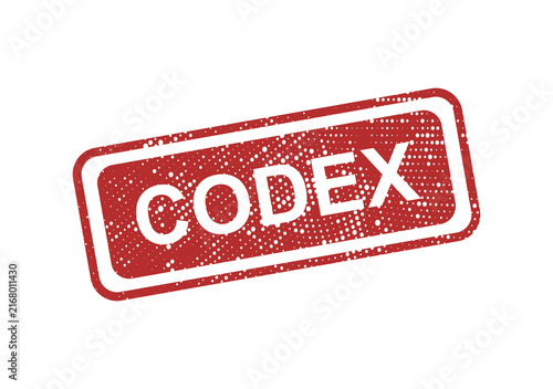 Konstfotografi Red rectangular rubber stamp with the word codex in white bold letters, featurin