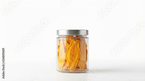 A glass jar filled with dehydrated mango slices isolated on a clean white background represents a healthy plant based snack for your kitchen pantry