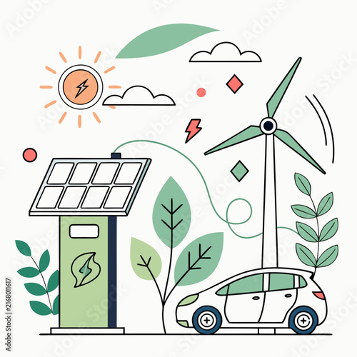 Wind turbine and solar collector provide renewable energy for electric vehicle charging.