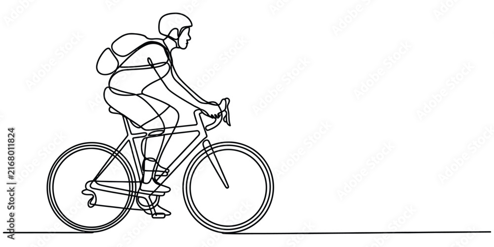 Fototapeta premium Continuous single line drawing of a person riding a bicycle with a backpack Vector, illustration