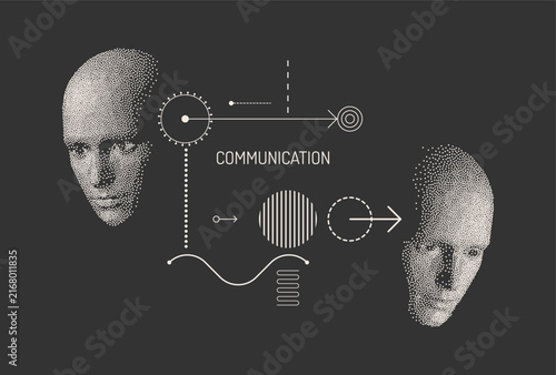 Concept of communication, teamwork, learning, management, and the exchange of business ideas between people. A digital human face constructed from dots. Time to think. Schematic illustration. Vector.
