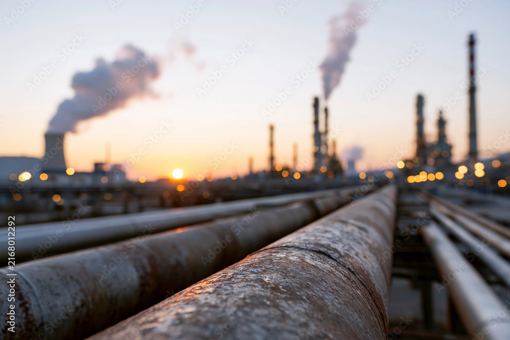 Fototapeta premium Industrial pipes stretch into a hazy horizon. Smoke rises from tall chimneys against twilight skies. Faint orange glow of setting sun bathes the scene. Heavy machinery stands in blurred background