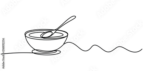 Continuous one line drawing of a bowl with a spoon inside for breakfast or soup isolated on a white background Vector, illustration
