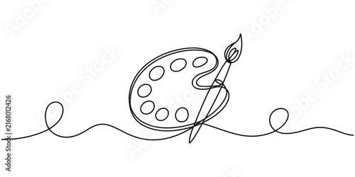 Continuous single line drawing of an artist paint palette and brush for creative design isolated on a white background Vector, illustration
