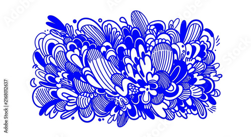 Blue Hand Drawn Doodle Art with Abstract Organic Shapes on White Background