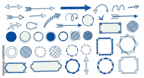 Hand Drawn Blue Doodle Arrows and Frames Set