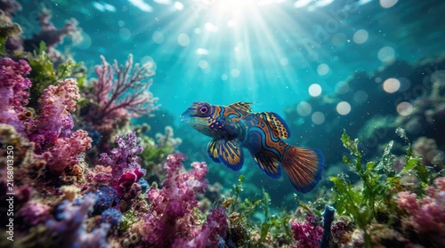 Vibrant Mandarin Fish Swimming Through a Colorful Underwater Coral Reef Ecosystem with Golden Sunrays Piercing Through the Tropical Ocean Surface