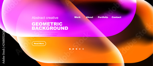 Vibrant abstract shapes overlap, creating fluid geometric background. Text elements present work, about, portfolio, contact options.