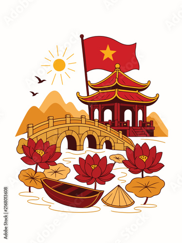 Vietnam travel map illustration with traditional conical hat and national flag icons