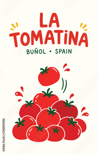 La Tomatina festival illustration with people throwing red tomatoes in a street fight.
