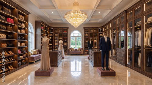 Dressing room with dark wood cabinetry displays formal attire on mannequins under a large crystal chandelier.
