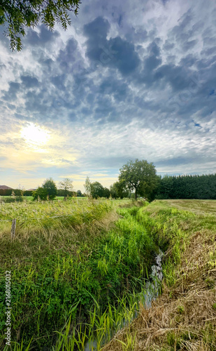 Fotografie storm-lit meadow with winding rivulet and dramatic cloudscape