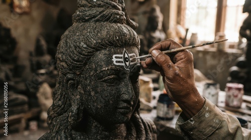 Artisan hand painting sacred tilak on stone sculpture of Lord Shiva