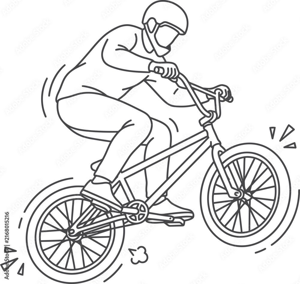 Fototapeta premium Dynamic line art illustration of a BMX rider performing extreme tricks with helmet, concept for active urban sports lifestyle and youth culture, suitable for apparel design and event marketing