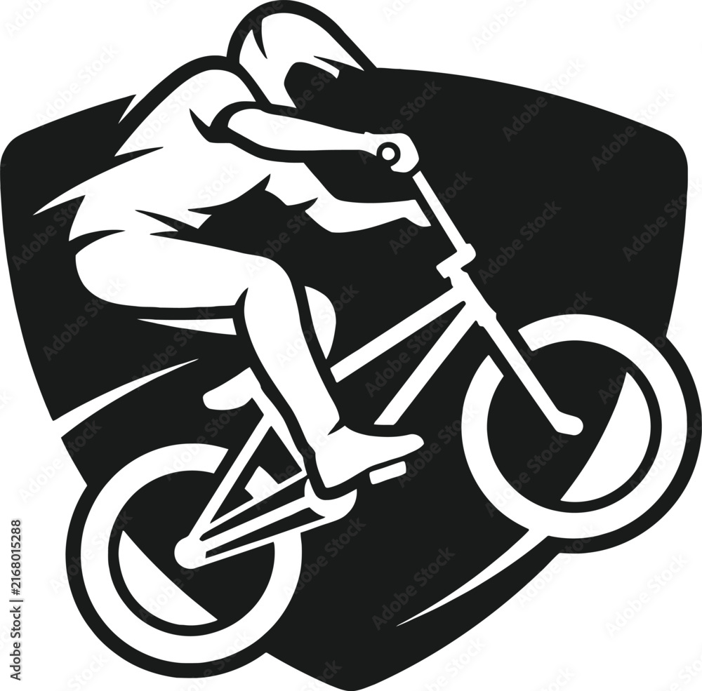 Fototapeta premium Dynamic BMX rider graphic emblem with stylized cyclist silhouette inside a shield frame, concept for extreme sports and active lifestyle, ideal for logo design, athletic apparel branding, and club