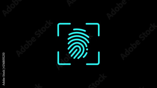 QR code scanner which uses red lazer, Scanning icon animation with minimal lines and glowing square effects on dark modern digital background. 