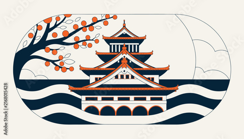Traditional Japanese Pagoda Architecture Illustration, Orange Blossoms Tree, Wavy Water, Asian Culture Symbol