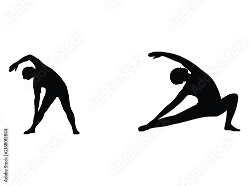 Two Women Doing Side Stretch Yoga Poses Silhouettes Vector Illustration