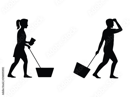 Man and Woman Pulling Shopping Carts Silhouette Vector Illustration