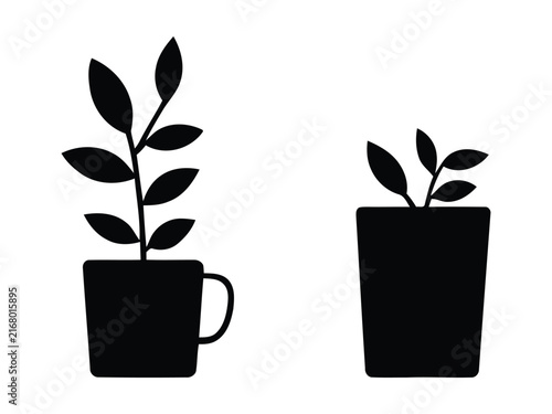 Two Potted Houseplants with Leaves Silhouette Vector Illustration