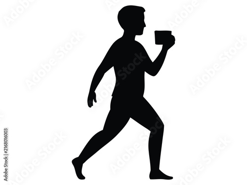 Man Walking Fast while Holding a Coffee Cup Silhouette Vector Illustration
