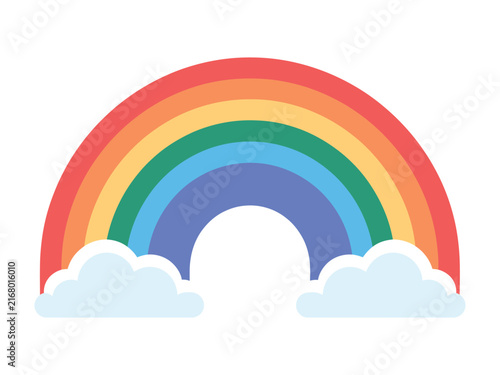 Colorful Seven Stripe Rainbow Arc with Fluffy Blue Clouds Vector Illustration