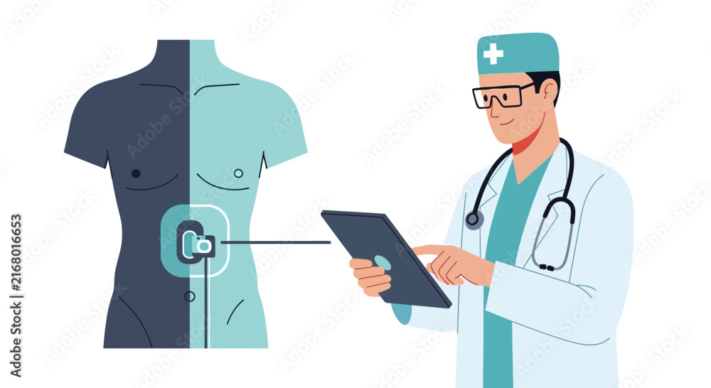 Fototapeta premium Doctor Monitoring Wearable Medical Device on Patient Torso via Tablet Illustration