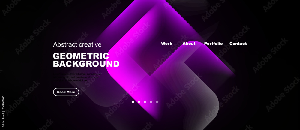 Naklejka premium Abstract geometric design. Vibrant purple layers create dynamic background. Minimalist website mockup with navigation options.